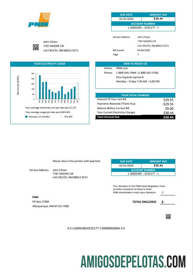 imprimível Modelo de fatura de serviços públicos fácil de preencher PNM dos EUA Novo México em formato Word e PDF (.doc e .pdf)